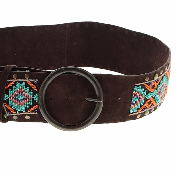 Tasha Polizzi Leather Fringe Belt seed beaded turquoise brass studs RTL 395 NWOT - Picture 3 of 8